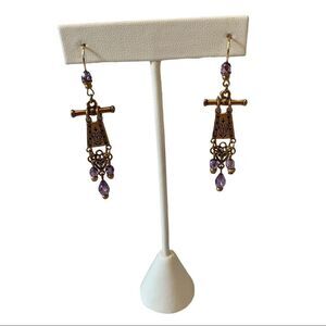 Delicate Looking Antiqued Gold & Purple Stone Drop Earrings.